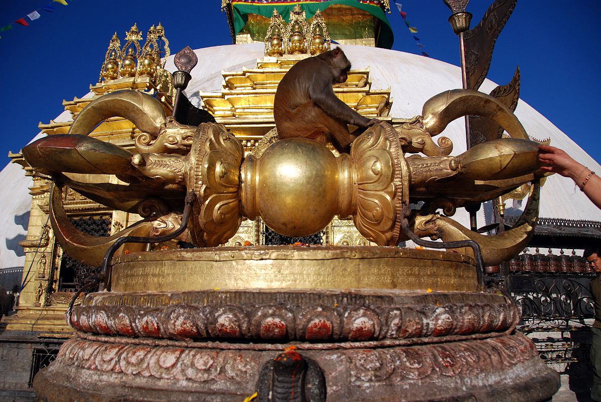 Kathmandu Swayambhunath 15 Monkey On Giant Vajra At Entrance To Swayambhunath Stupa At Top Of Steps 